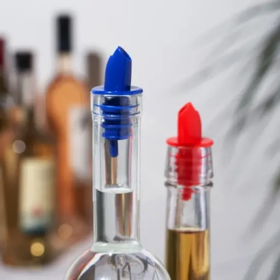 True Liquor Pourers, Free Pourer Spouts for Liquor Bottles, Bottle Pour Spout At Home Bar Accessories for Bars, Red/Blue Set of 12 image {3}