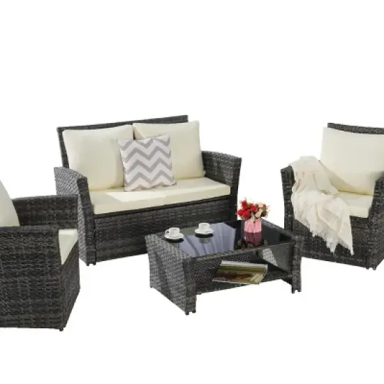 4 Piece Outdoor Wicker Patio Furniture Sets,Rattan Garden Furniture Sofa Set,Poolside Sofas with Cushions and Glass Coffee Table-Coolbibila image {2}