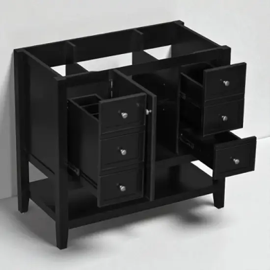 36" Freestanding Bathroom Vanity Base Only, Black Solid Wood & MDF Cabinet with 1 Door, 3 Drawers & Open Shelf, No Sink image {8}