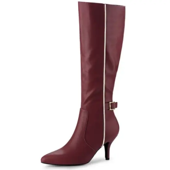 Allegra K Women's Pointy Toe Buckle Decor Side Zip Stiletto Heel Knee High Boots image {10}