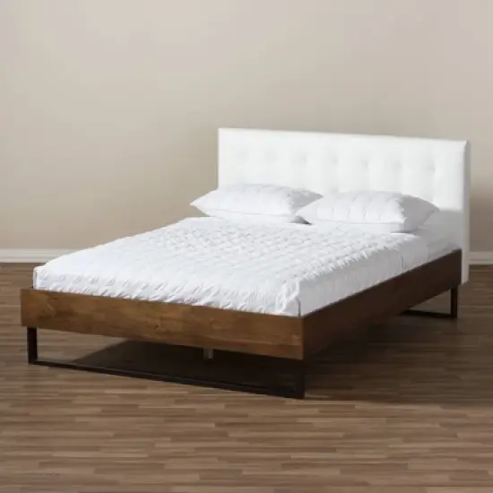King Mitchell Rustic Industrial Walnut Wood and Faux Leather Metal Platform Bed White - Baxton Studio image {6}