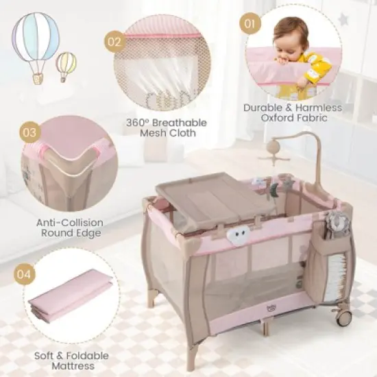 Infans Portable Baby Playard Nursery Center Crib Bassinet w/ Hanging Toys & Music Box image {7}
