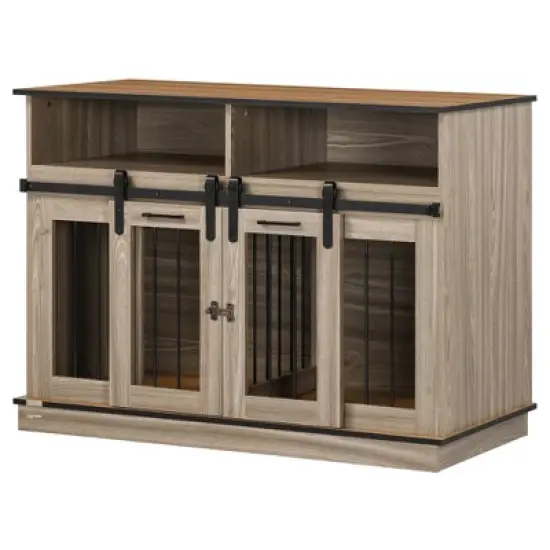 PawHut Dog Crate Furniture for Large Dogs, Double Dog Kennel for Small Dogs with Shelves, Sliding Doors image {3}