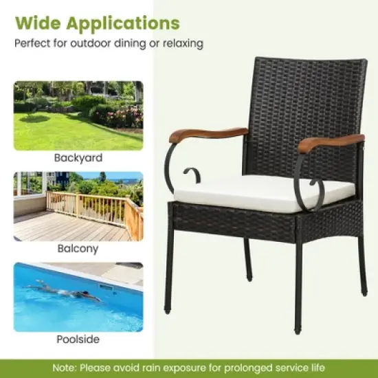 Costway 7PCS Patio Wicker Dining Set Acacia Wood Armrests Table with Detachable Cushions &Umbrella Hole image {4}