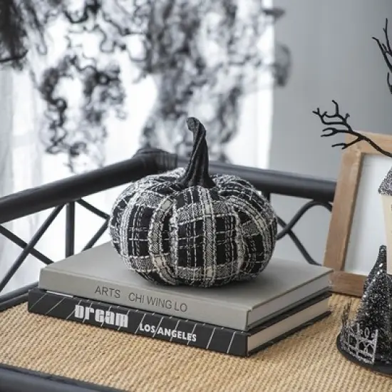 Whisen Fabric Plaid Pumpkin, Holiday Halloween Decoration - Black & White image {2}
