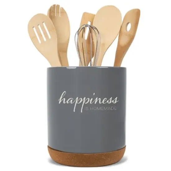 Elanze Designs Happiness is Homemade Ceramic Cork Bottom Gray Large Capacity Utensil Holder Crock for Countertop Storage, Stylish & Durable for image {4}