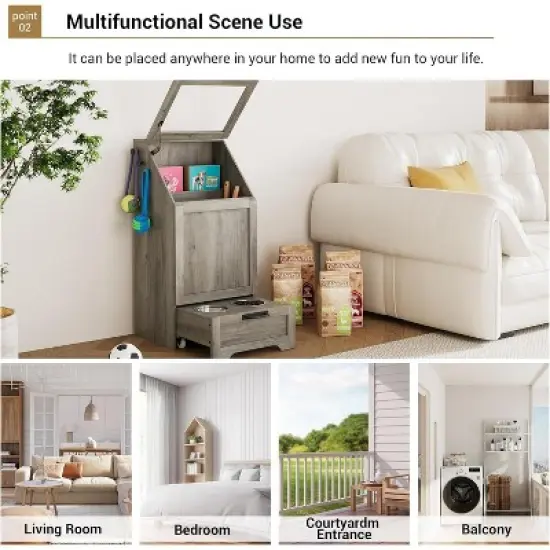 90cm Pet Feeder Station Cabinet, Flip-Top Dog Food Storage with 2 Raised Stainless Steel Bowls, Pet Toy Organizer for Large/Medium/Small Pets image {3}