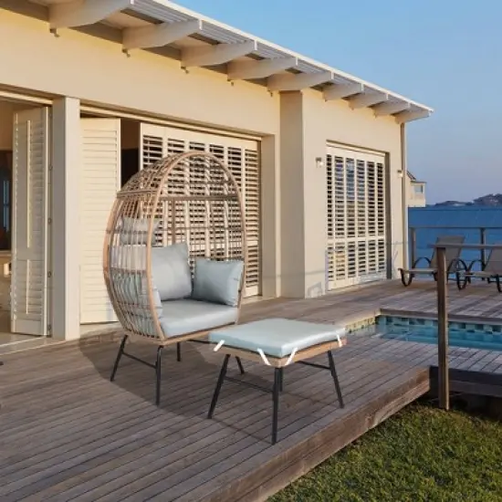 Egg Chair Outdoor, Patio Chair With Ottoman, Hand-woven PE Wicker, 3.9 Inches Thick Cushion, Steel Frame, Lumbar Support image {8}