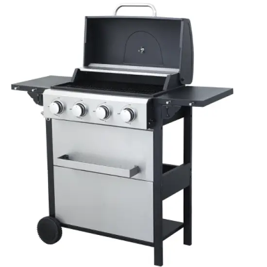 4-Burner Propane Gas BBQ Grill with Wire Enamel Grids, Foldable Side Table, Stainless Steel Hanging Baskets, Bottle Opener, 34,200 BTU Outdoor BBQ image {8}