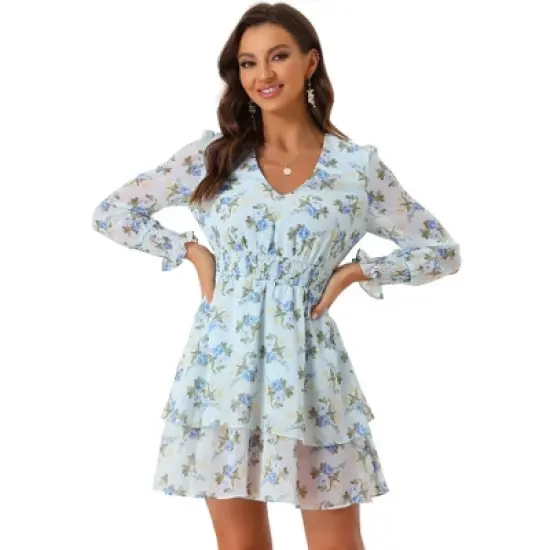 Allegra K Women's V Neck Smocked Waist Ruffle Hem Floral Chiffon Dresses image {6}