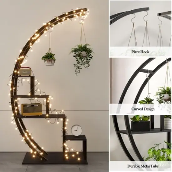 5 Tier Metal Plant Stand, Half-Moon Shape Plant Rack With Hanging Hooks, Tall Plant Holder for Home Decor, Garden, Balcony image {1}
