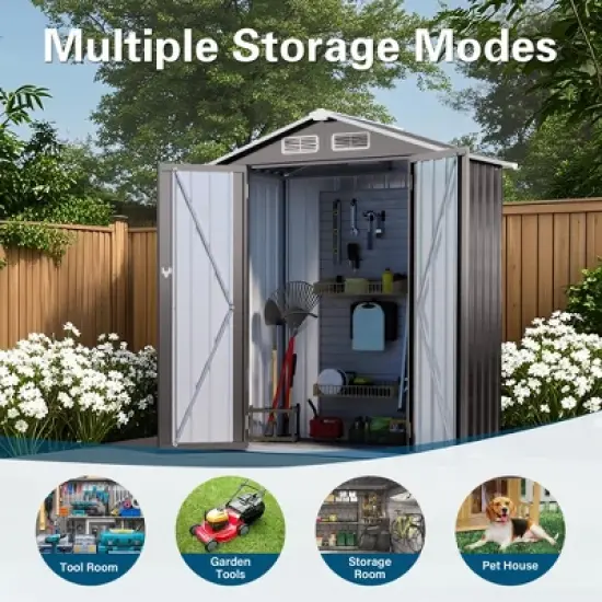 Hrinhom 60.3"W Metal Outdoor Lockable Door Storage Shed, Tool Shed with Peaked Roof Waterproof image {11}