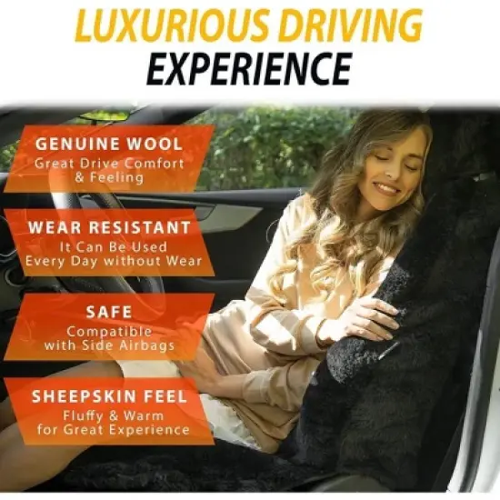 Zone Tech Genuine Sheepskin Black Car Seat Cover, Fluffy Luxury Wool Front Seat Covers, Universal Fits Car, Truck, SUV, & Van image {3}