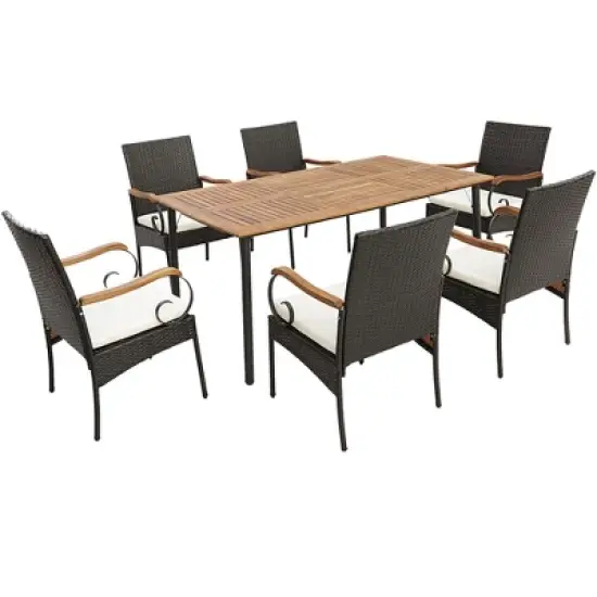 Costway 7PCS Patio Wicker Dining Set Acacia Wood Armrests Table with Detachable Cushions &Umbrella Hole image {8}