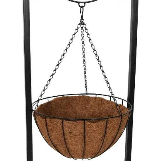 Sunnydaze Indoor/Outdoor Iron Construction Decorative Welcome Sign and Coco Grass Liner Hanging Basket Planter Stand - 48" H - Black image {2}
