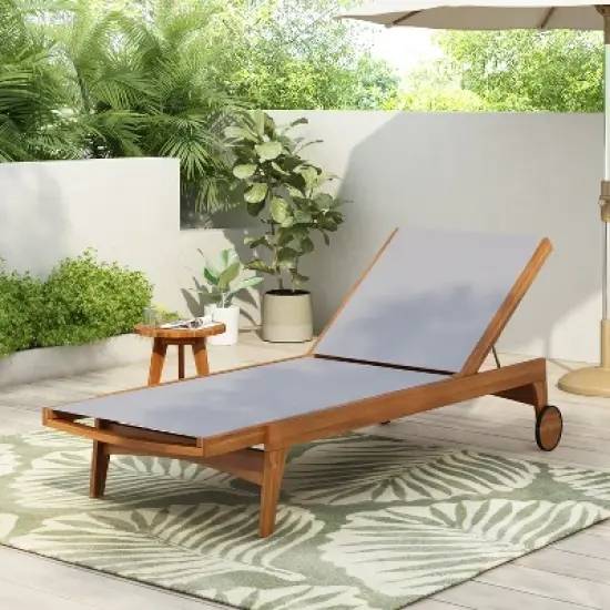 Christopher Knight Home Coloma Outdoor Mesh and Acacia Wood Armless Adjustable Chaise Lounge with Wheels image {11}