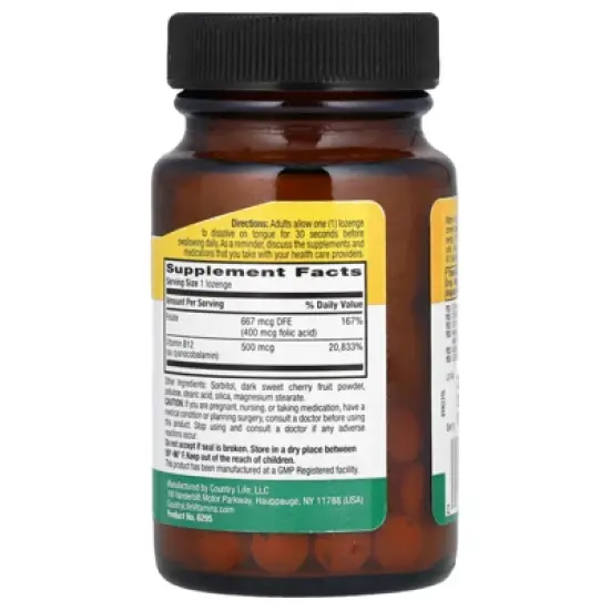 Country Life Vitamin B12 with Folate, Cherry, 100 Lozenges image {2}