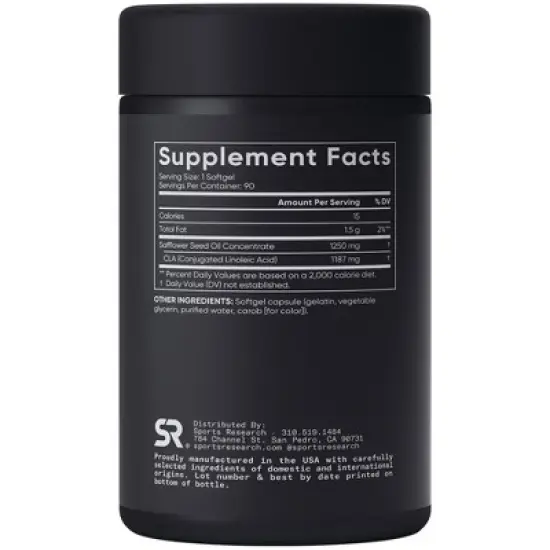 Sports Research CLA - 1250mg with Active Conjugated Linoleic Acid for Men and Women | Non-GMO, Soy & Gluten Free - 95% (90 Softgels) image {1}