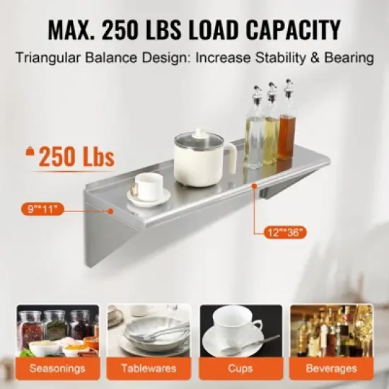 VEVOR 12" x 36" Stainless Steel Shelf, Wall Mounted Floating Shelving with Brackets, 250 lbs Load Capacity Commercial Shelves image {2}