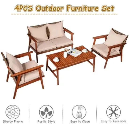 Costway 4PCS Patio Rattan Furniture Set Acacia Wood Frame Cushioned Sofa Chair Garden image {5}