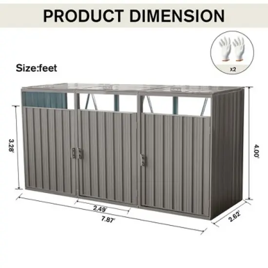 Outdoor Garbage Bin Shed for 3 Trash Cans, Stainless Galvanized Steel Bin Shed W/Lifting Lids Lockable Doors, Ventilated Storage Shed for Garden Yard image {5}