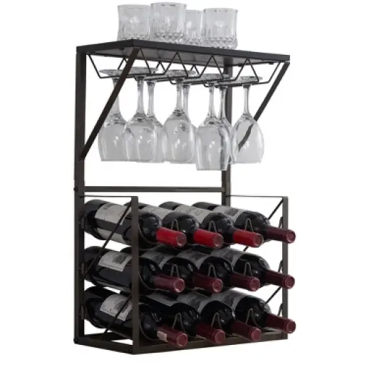 Kings Brand Furniture - 12 Bottles Countertop Wine Rack Stand with Glass Holder, Wine Storage Cabinet Shelf, Pewter/Marble image {1}