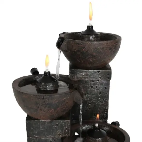 Sunnydaze 34"H Electric Polyresin 3-Tier Burning Bowls Outdoor Water Fountain with Real Flame Torch Accents image {2}