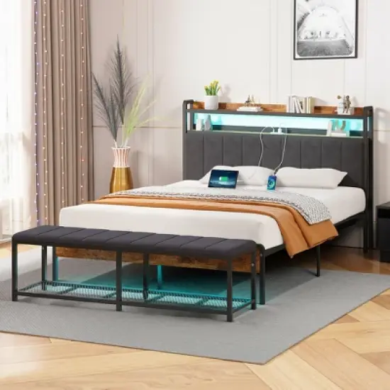 VECELO Full/Queen Upholstered Bed Frame with Storage End of Bed Bench, Platform Bed with Headboard & Charging Station, LED Lights, Gray image {2}