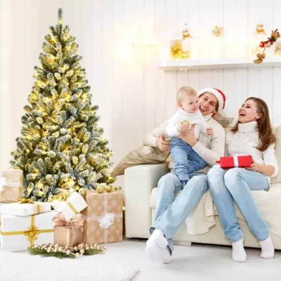Costway 6ft Pre-lit Snow Flocked Hinged Christmas Tree w/ 928 Tips & Metal Stand image {4}