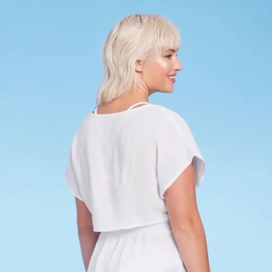 Women's Tie-Front Cover Up Short Sleeve Crop Top - Wild Fable&trade; White image {3}