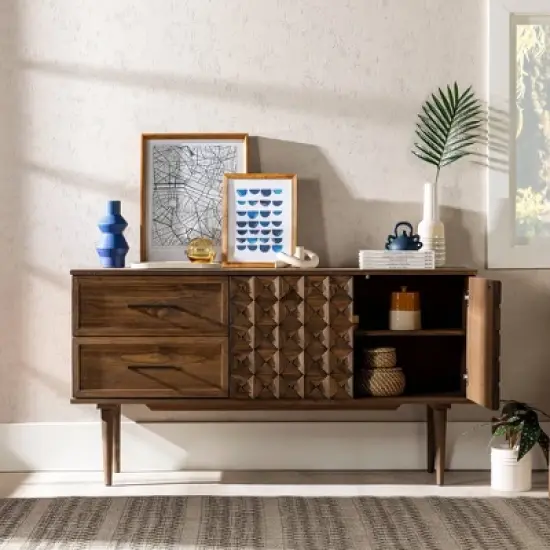 58" Modern Boho Solid Pine Wood Closed Storage Sideboard Brown - Saracina Home image {18}