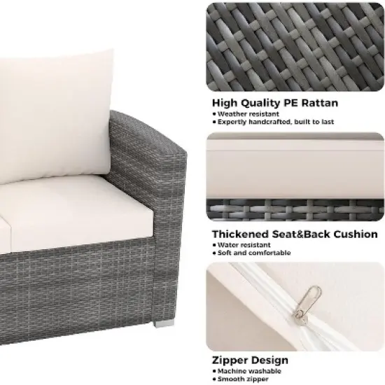 7-Piece Outdoor Patio Furniture Set &ndash; Rattan Chairs with Ottoman & Wood Coffee Table, Wicker Sectional Conversation Sofa in Beige image {4}