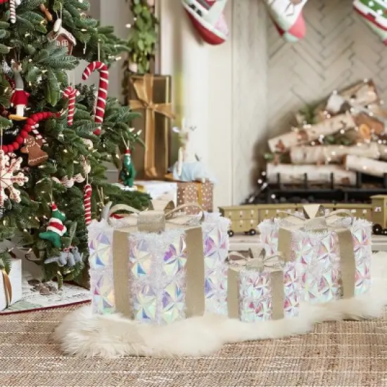 LuxenHome 3-Piece Prism Gift Boxes with Gold Ribbon Holiday Decoration with Lights Multicolored, Gold, White image {3}