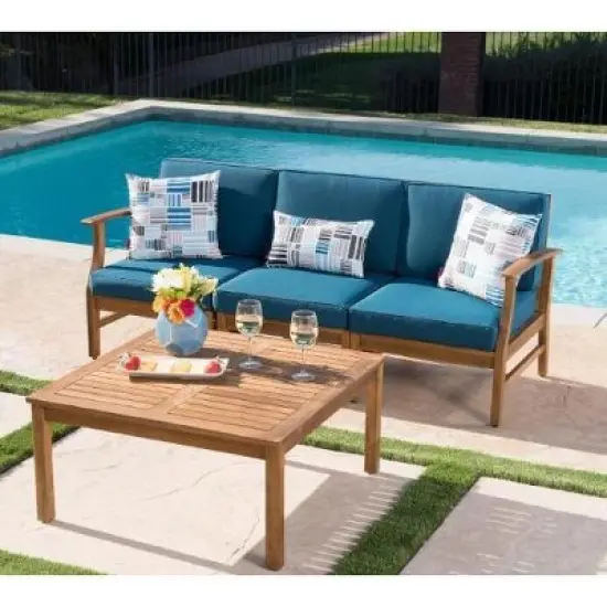 NicBex 3-Seater Outdoor Sofa Set, Acacia Wood Modular Couch with Coffee Table, Patio Sofa Set with Cushions image {5}