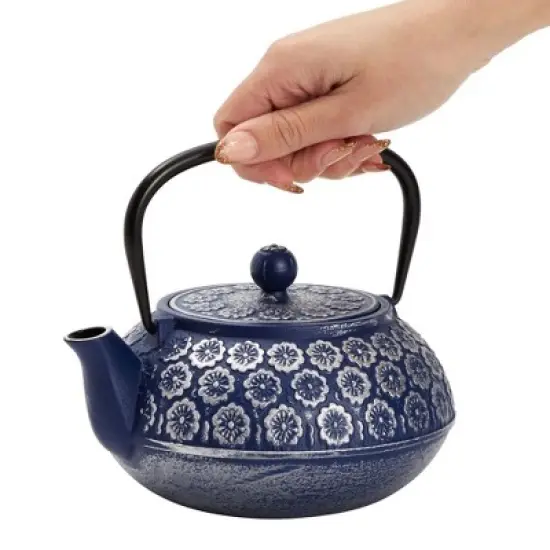 Juvale Japanese Cast Iron Teapot with Infuser for Loose Leaf and Tea Bags, Kettle Includes Handle and Lid (Blue, 34oz) image {5}