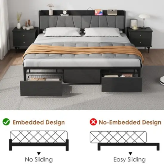 Whizmax King Size Bed Frame with Upholstered Headboard, Industrial King Platform Bed with 2 Storage Drawers and Charging Station, No Box Spring Needed image {6}