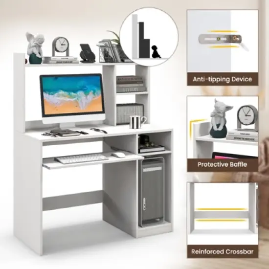 Tangkula Computer Desk w/ Charging Station 43.5&rdquo; Gaming Table Workstation w/ Keyboard Tray CPU Stand & Storage Shelves White/Black image {7}