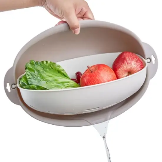 VECELO 2 In 1 Colander Strainer with Bowl Set, Fruit Vegetable Washing Colanders & Food Strainers, Double Layer Colander for Kitchen, Gray image {14}