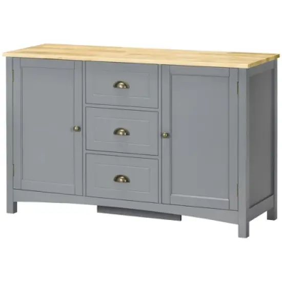 HOMCOM Buffet Cabinet with 3 Storage Drawers and Adjustable Shelves, 2 Door Sideboard with Rubber Wood Top, Coffee Bar for Living Room, Gray image {3}