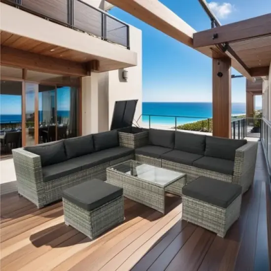 Whisen 8-Piece Wicker Rattan Patio Sectional Set with Storage Box, Cushion Box & Clear Glass Top image {16}