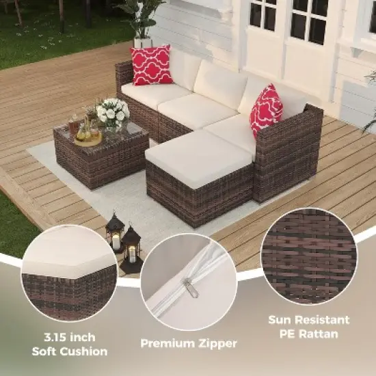 Garvee 5 Pieces Patio Furniture Set - Rattan Outdoor Sofa Set with Cushions, Wicker Sectional with Glass Coffee Table & Ottoman image {3}