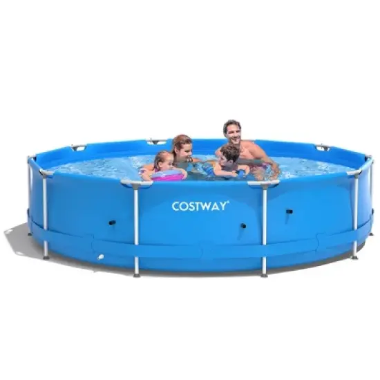 Costway Round Above Ground Swimming Pool Patio Frame Pool W/ Pool Cover Iron Frame image {7}