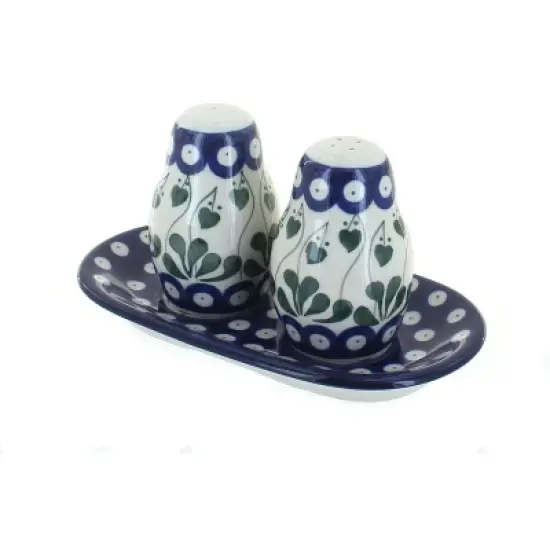 Blue Rose Polish Pottery 131 Ceramika Artystyczna Salt & Pepper Shakers with Tray image {2}