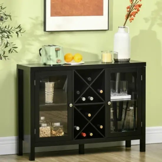 HOMCOM Modern Kitchen Sideboard, Buffet Table with Removable Wine Rack, Tempered Glass Door Cabinet and Adjustable Shelves for Living Room, Kitchen, Entryway, Black image {2}