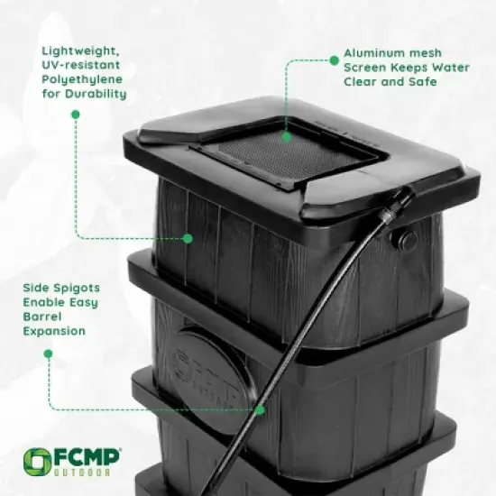 FCMP Outdoor WG4000-GRY Wood Grain Rain Barrel with Flat Back for Environmentally Friendly Watering of Outdoor Plants, Gardens, and Landscapes, Black image {2}