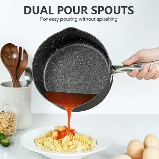 MICHELANGELO Hard Anodized Nonstick Saucepan with Strainer Lid & Pour Spouts for Easy Pour, 3 Quart image {2}