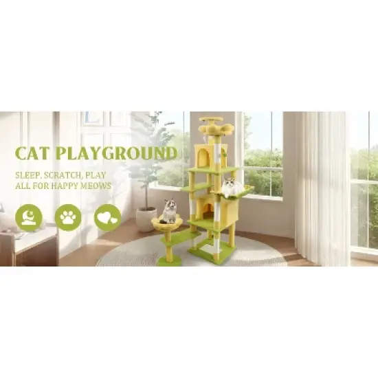 71 inch flower cat tree with large condo removable flower cushion and hammock yellow image {2}