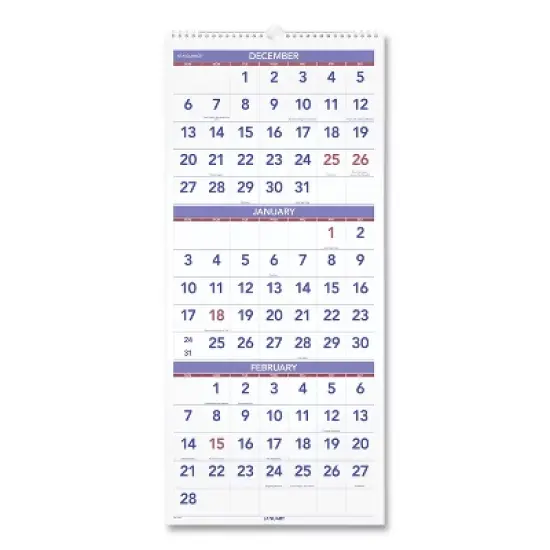 Deluxe Three-Month Reference Wall Calendar, Vertical Orientation, 12 x 27, White Sheets, 14-Month: Dec 2025 to Jan 2027 image {4}