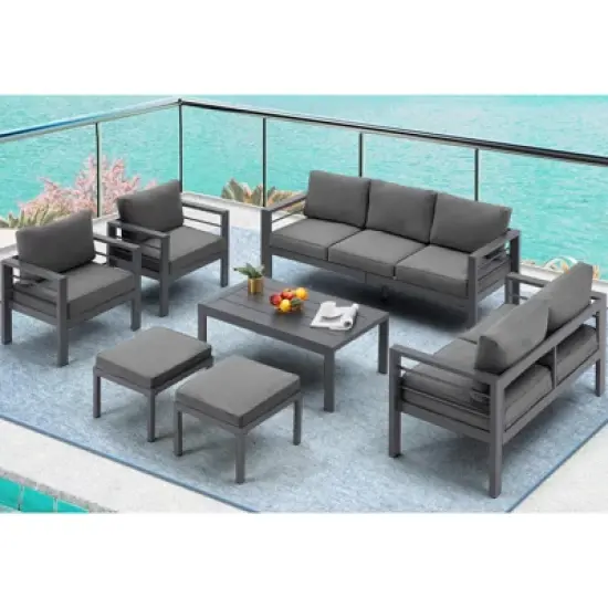 COWLOWN 7 Piece Black Aluminum Modern Outdoor Patio Furniture Set with Coffee Table and Dark Grey Cushions, Ideal for Balcony, Porch, Lawn and Yard image {4}