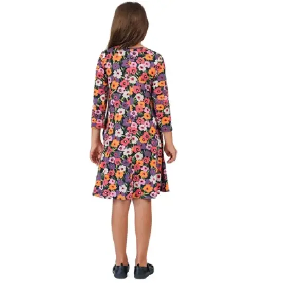 Girls Long Sleeve Multicolor Floral Knee Length Pocket Dress image {2}